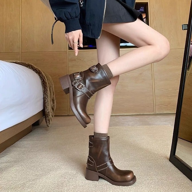Cowhide Version~ Vintage Distressed Short Boots Genuine Leather Western Cowboy Boots Riding Martin Boots With Leather Buckle And Chunky Heel - Image 3